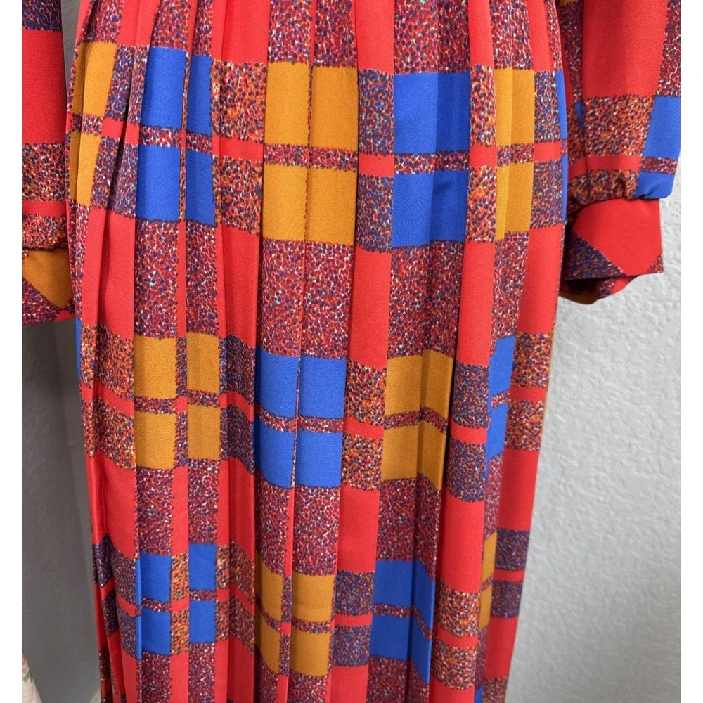 VTG‎ 80s Patchwork Eileen Scott Pleated Secretary Geek Dress USA  Long Sleeve